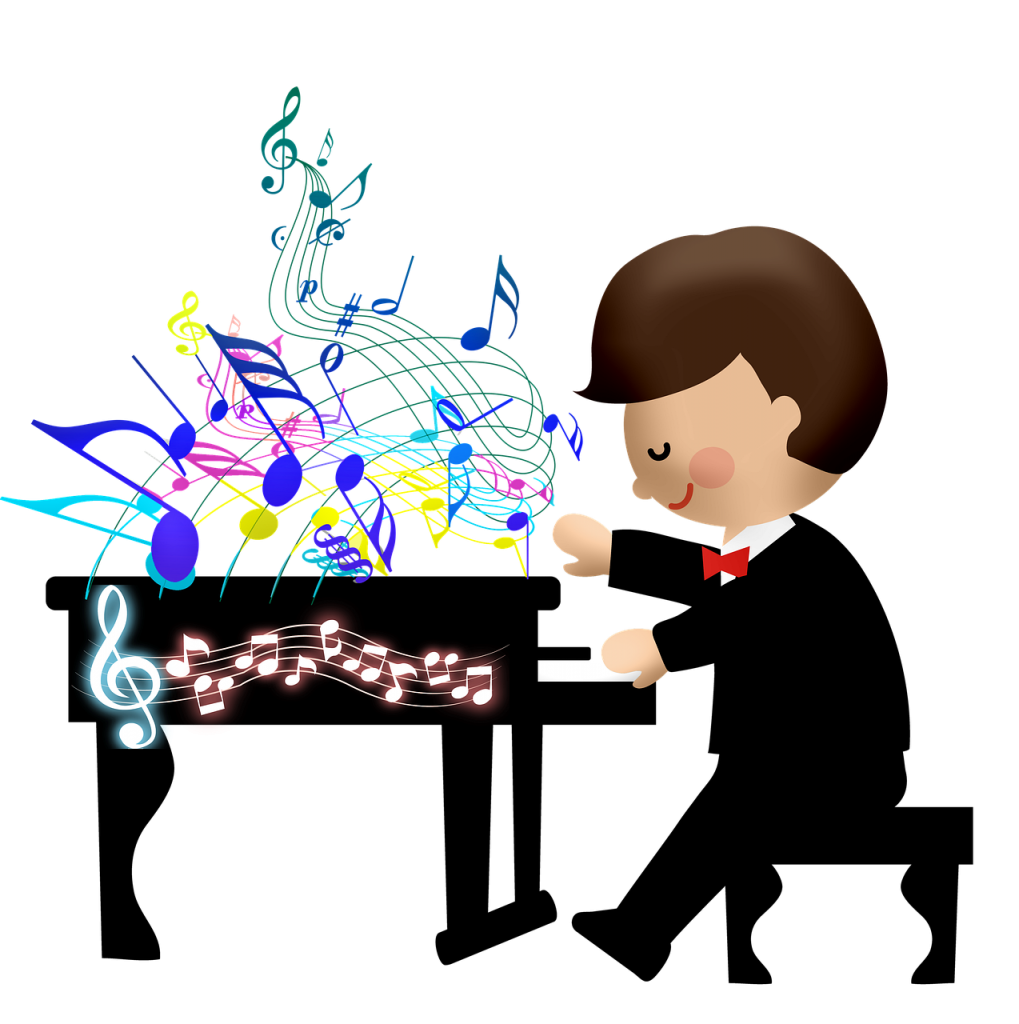 boy, piano, music notes