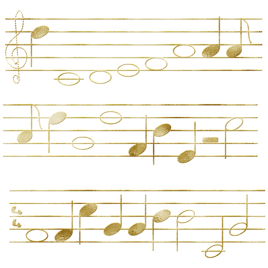 musical notes, gold foil, music